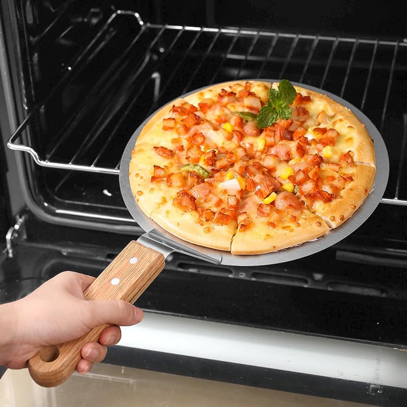 MRKU Pizzaschaufel, Teigschaber, Gebäckwerkzeug-Zubehör, runder Edelstahl-Antihaft-Spatel mit Eichenholzgriff