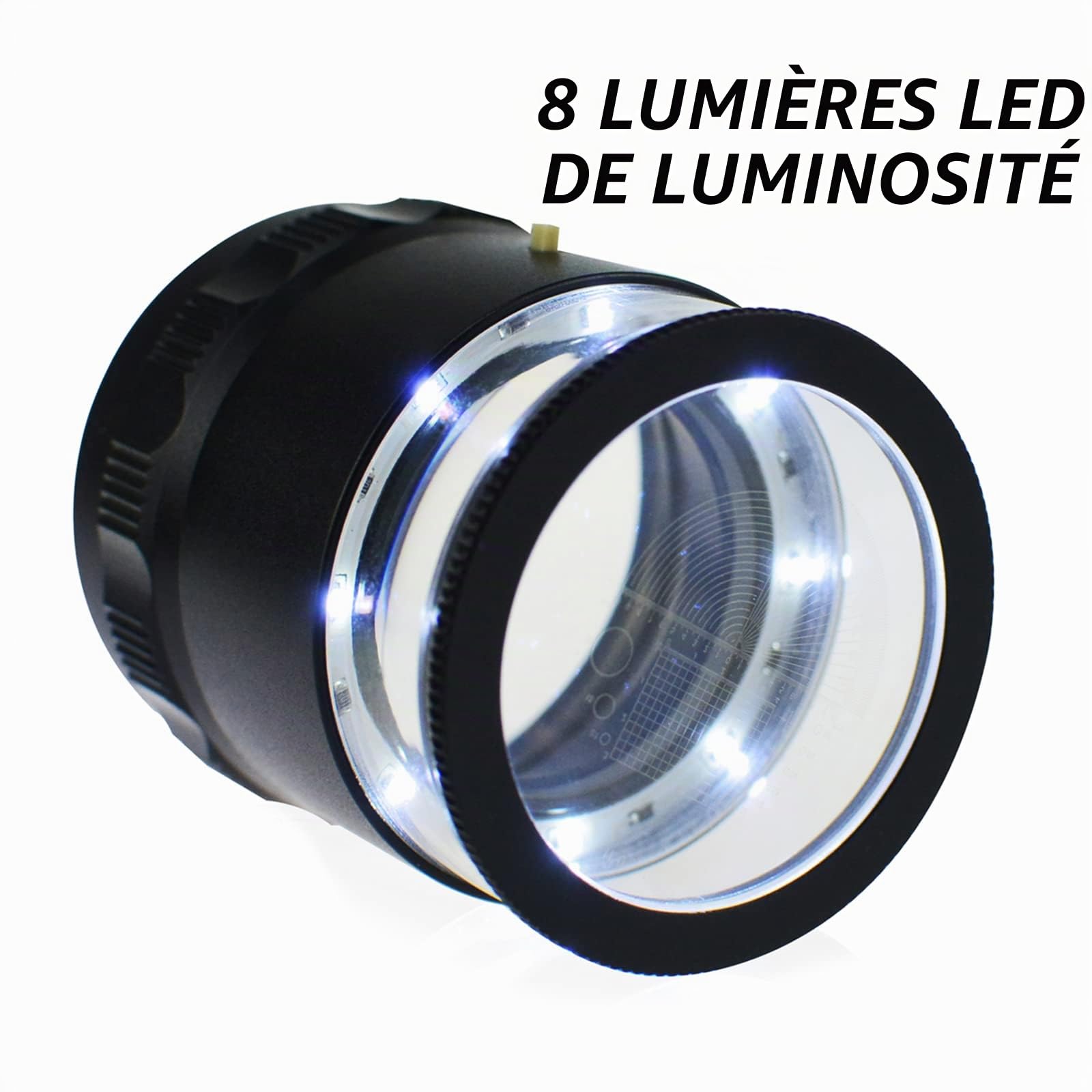 Loupe de bijoutier grossissante x10 avec 8 lumières LED et 4 Verres gradués en Verre, loupe de Bijouterie de 5 mm, Champ de Vision illuminé pour Bijoux, pièces de Monnaie, Timbres, Montres