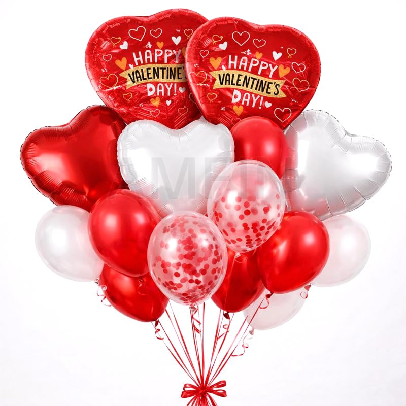 Image of AMFIN (Pack of 14) Happy Valentine's Day Balloon Decoration Set | Romantic Heart Foil Bouquet Metallic Helium Bunch Proposal Anniversary Celebration Party Decor - Red