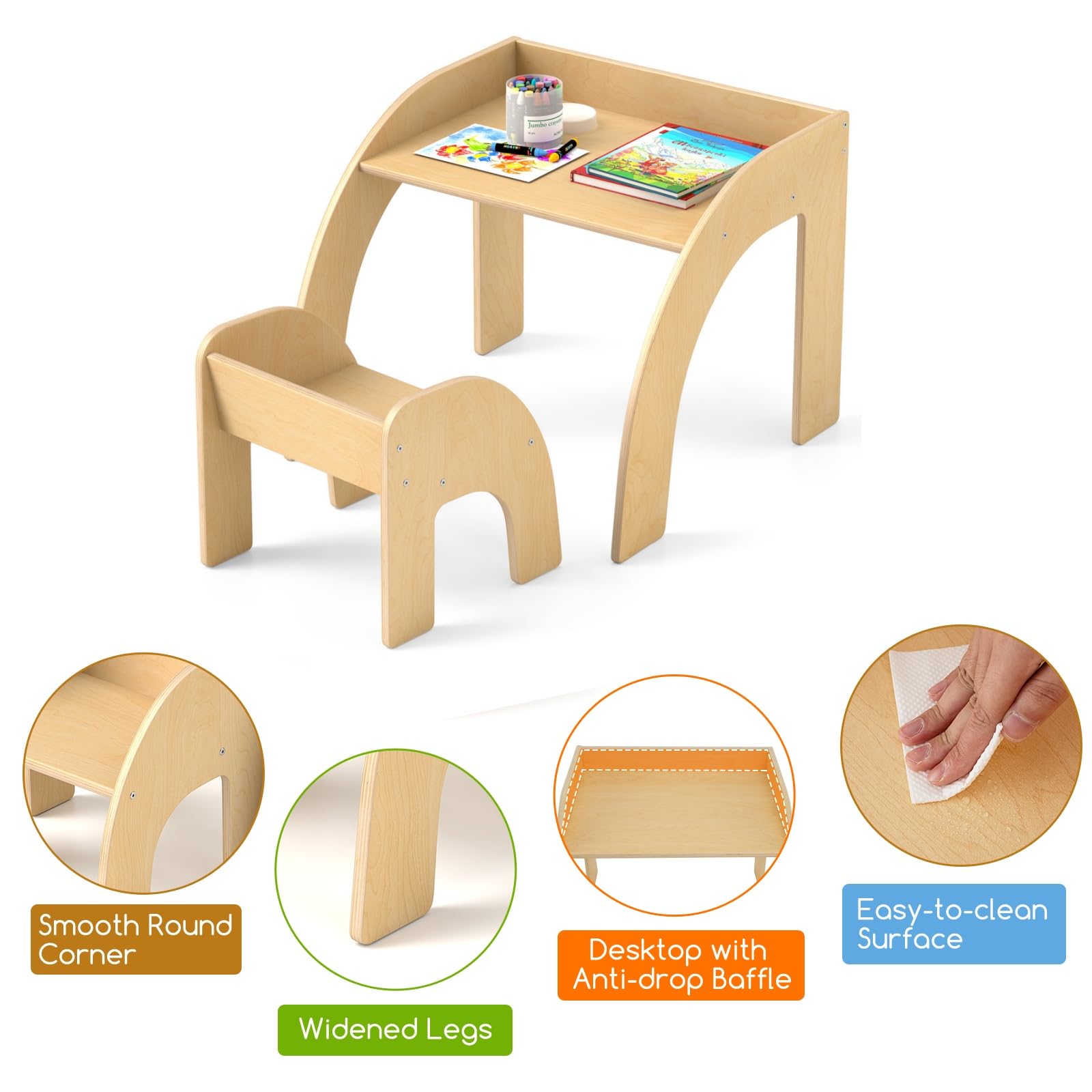 LIFEZEAL Tavolino Bambini, in Legno, tavolino e sedie per bambini, con Angolo Rotondo Liscio e Sponde Allargate, Tavolo Bimbi, per Cameretta e Scuola dell'Infanzia, Adatto Tre anni+ (naturale)