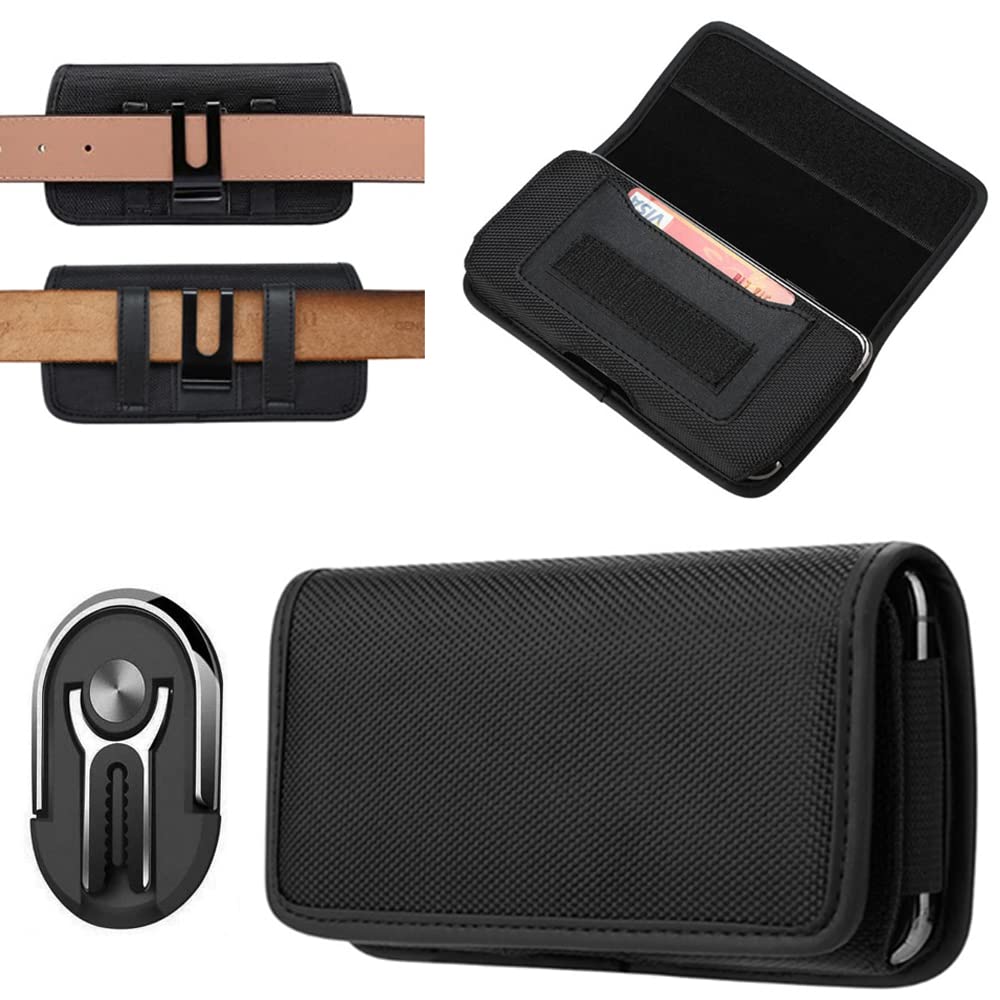 Pouch Case Compatible for AT&T Maestro-3 4G LTE (U626AA) Holster Pouch + Car Mount Phone Stand/Card Holder Horizontal Canvas Pouch with Belt Clip Loop (3in1 Ring Black +Card Pocket Pouch)