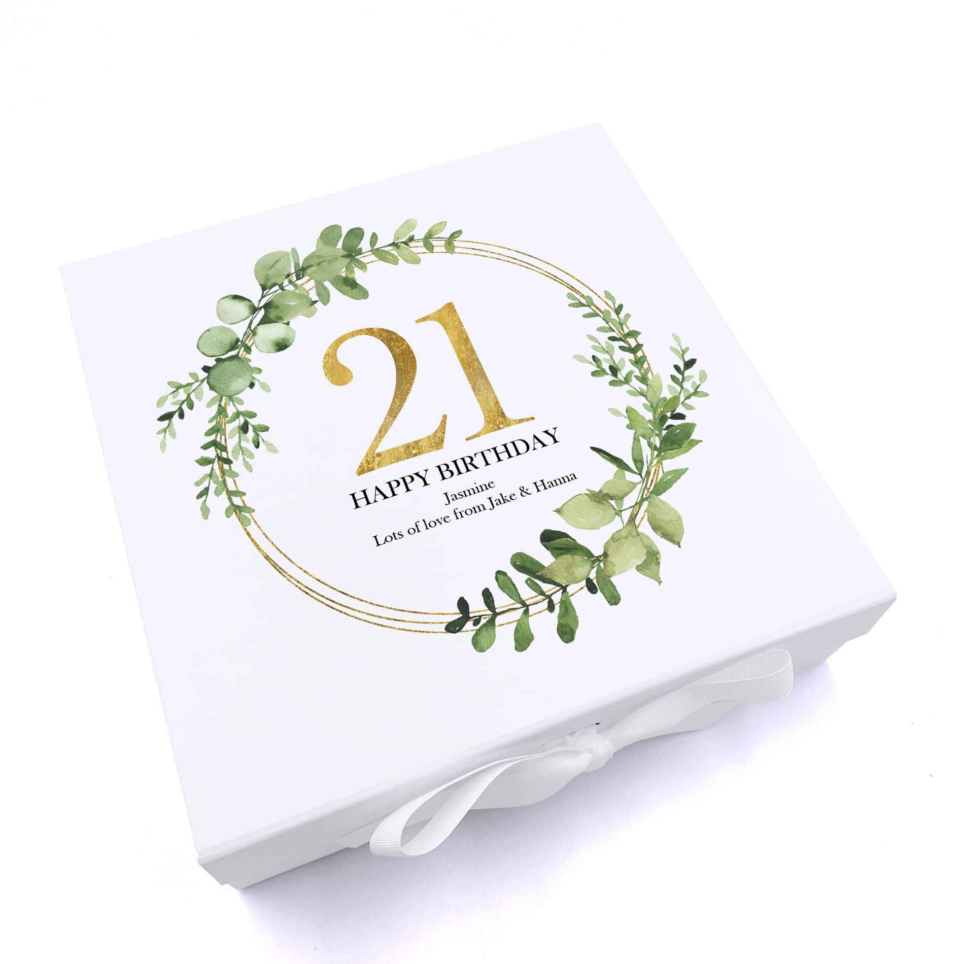 Ukgiftstoreonline White Personalised 21St Birthday Gift For Her Keepsake Memory Box Gold Wreath Design (Large)