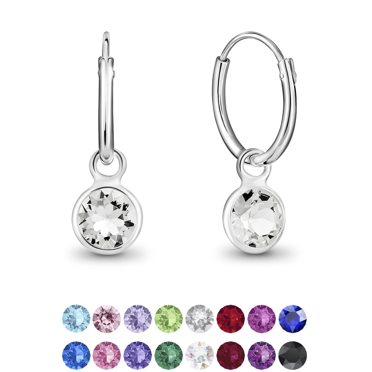 DTPsilverPendientes de Aro Pequeños con colgante de Cristal Swarovski® Elements Forma Redonda - Plata de Ley 925 - Espesor 1.2 mm - Diámetro 12 mm