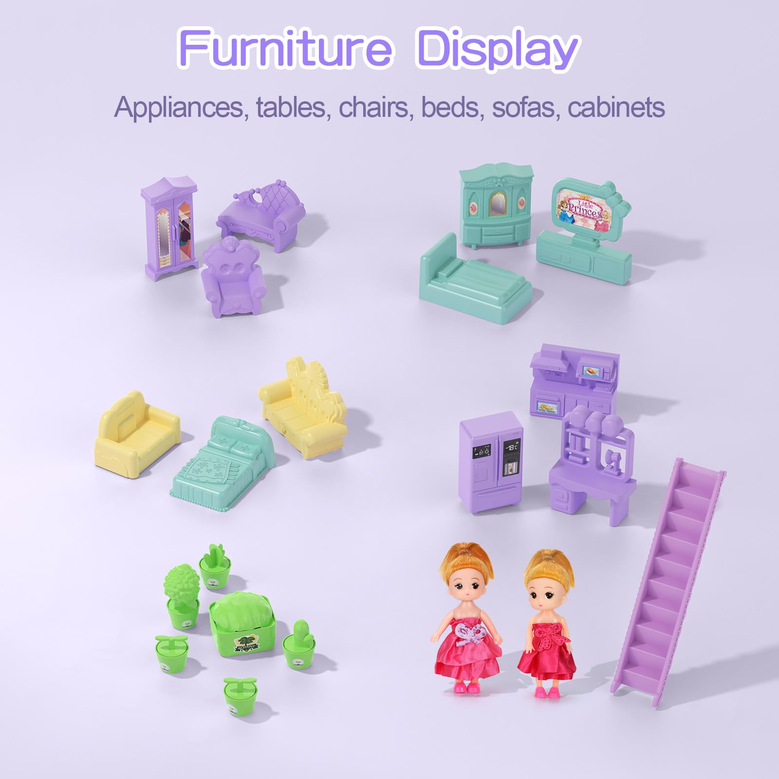 Juego de casa de muñecas de princesa, casa de muñecas morado lila con 9 habitaciones en 3 pisos, incluye 2 muñecas, 2 mascotas, 12 muebles y otros accesorios, regalo perfecto para niñas casa de