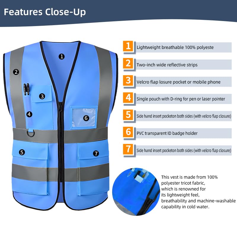 Image of High Visibility Safety Vest with Reflective Strips & Pockets