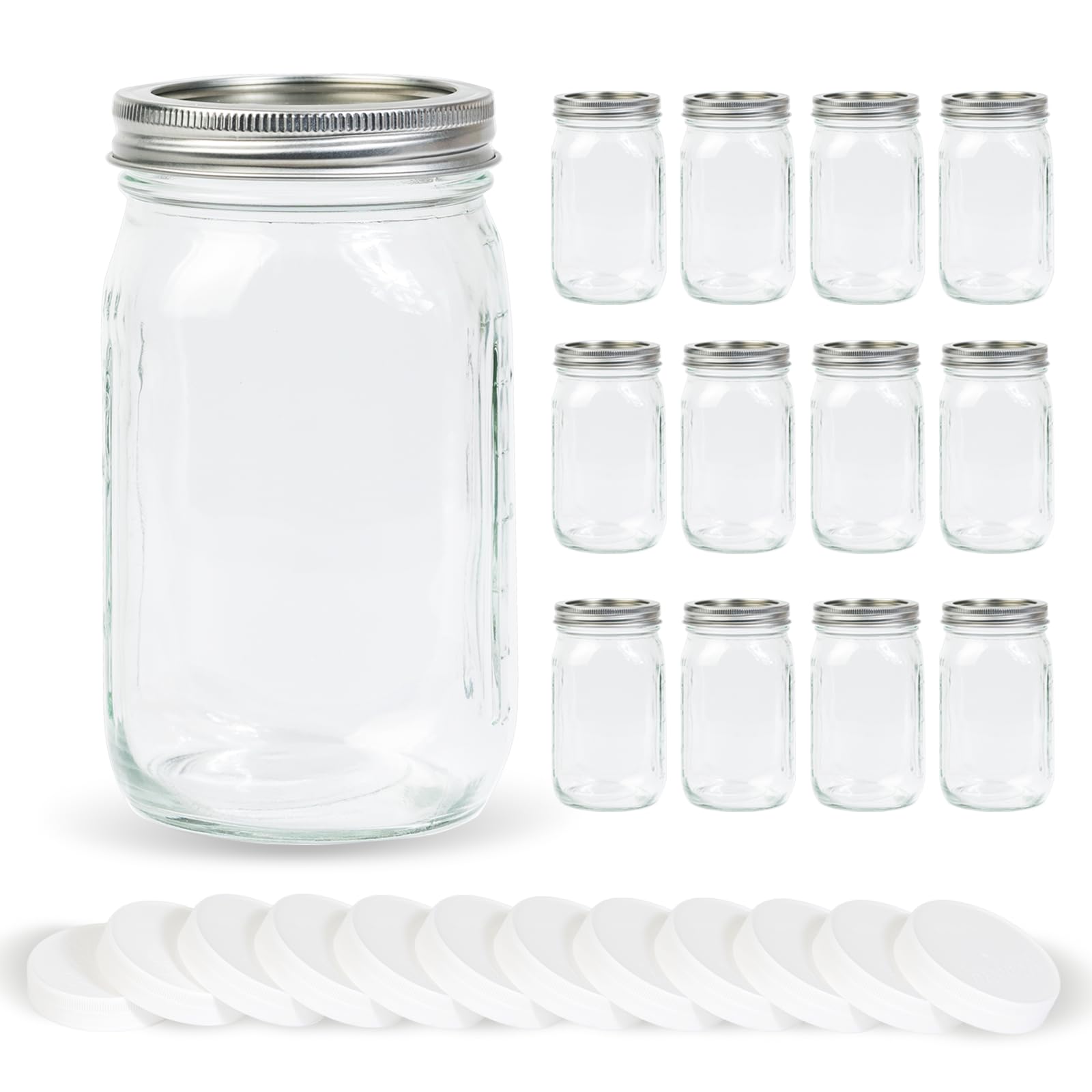 Yodecy 12 Pack 32 oz Clear Wide Mouth Mason Jars with Airtight Lids and White Plastic Mason Jar Lids, Canning Jars, Glass Jars for Canning, Food Storage, Overnight Oats, Fermenting, Pickling