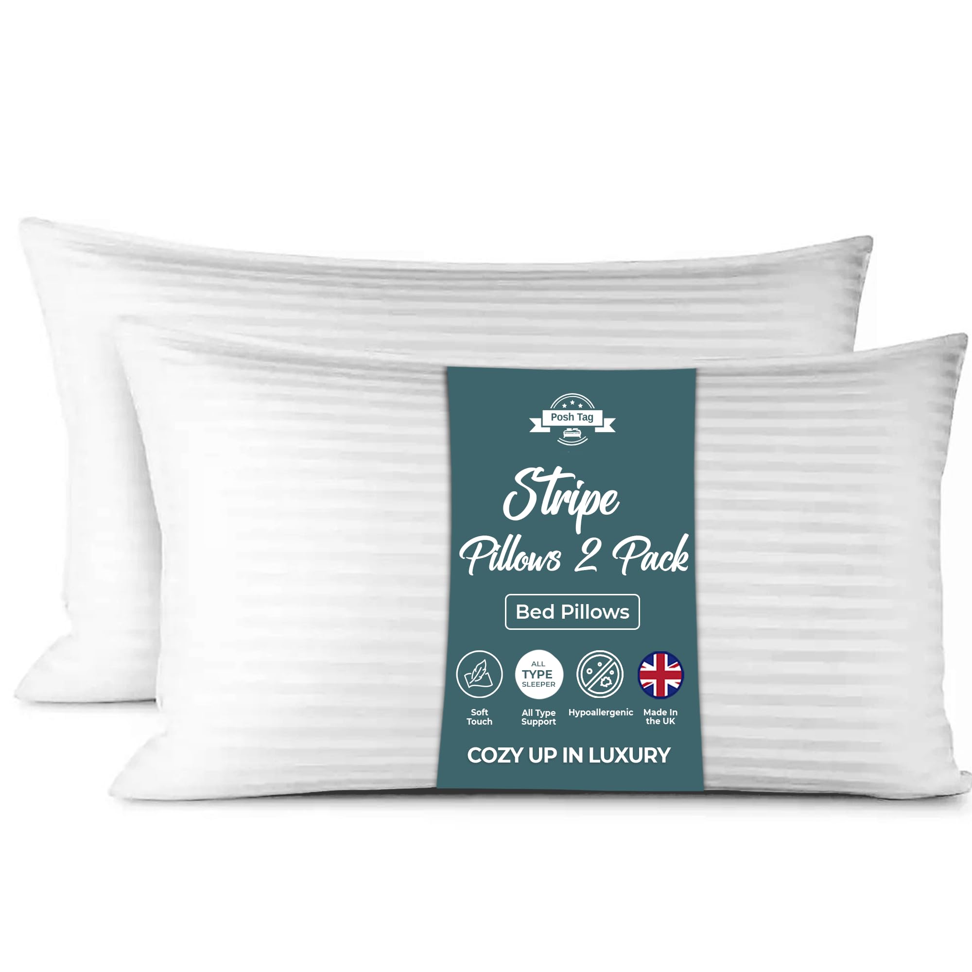 Stripe Pillows 2 Pack 74 x 48 cm Hotel Quality, Comfortable & Breathable Bed Pillows and H...