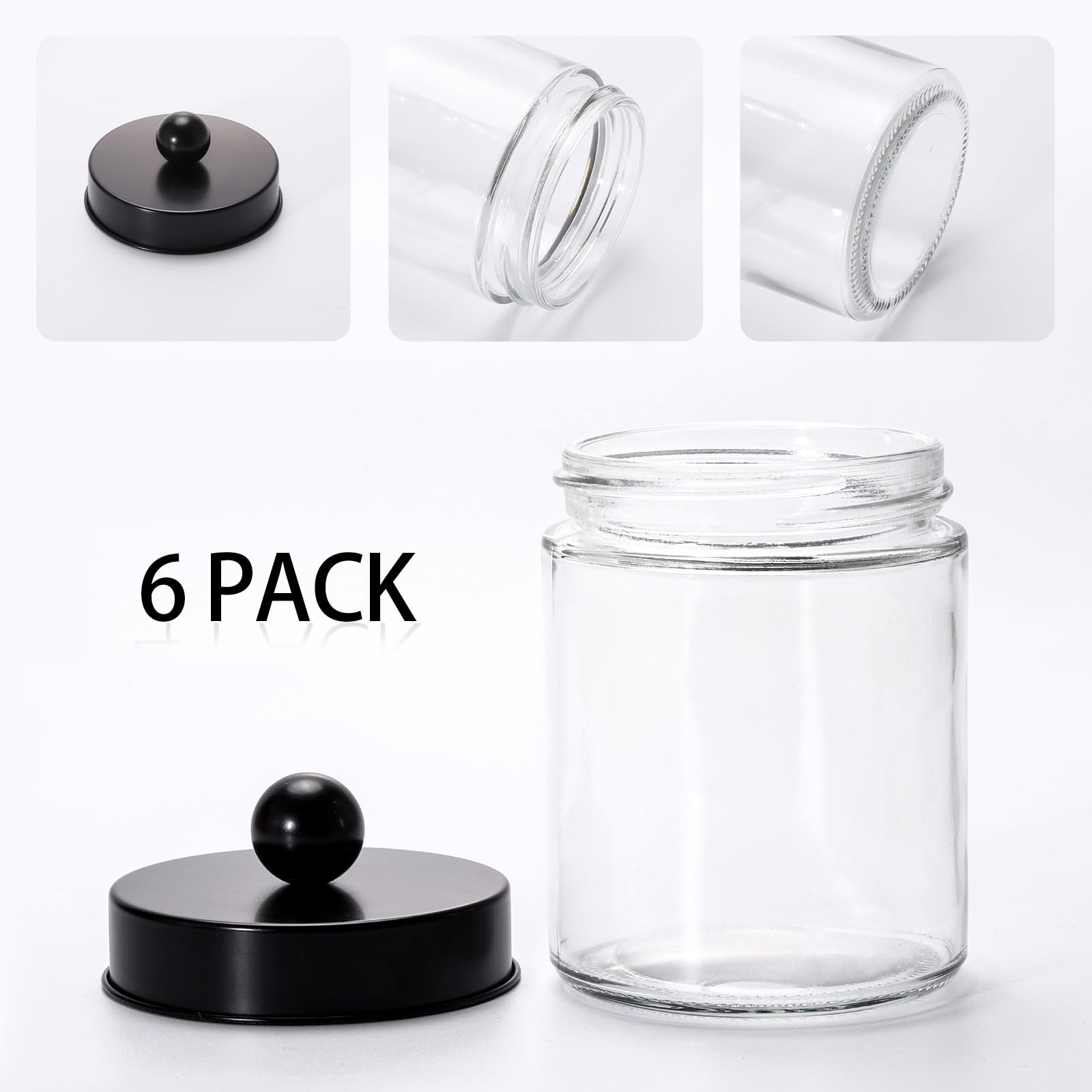 Tbestmax 6 Pack Glass Qtip Holder 10-Ounce Bathroom Containers Apothecary Jars with Metal Lids for Cotton Ball Swab Pad - Black