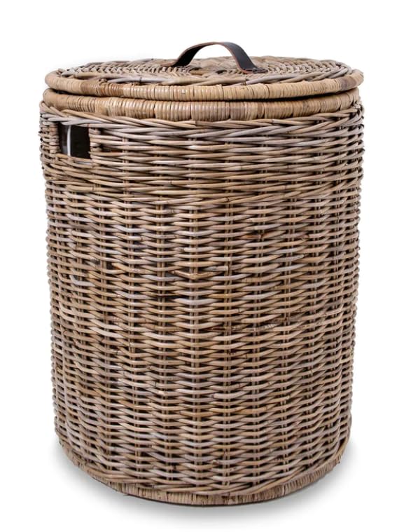 The Basket Lady Round Kubu Wicker Laundry Hamper, Extra Large, 23 in Dia x 28 in H, Serene Grey…