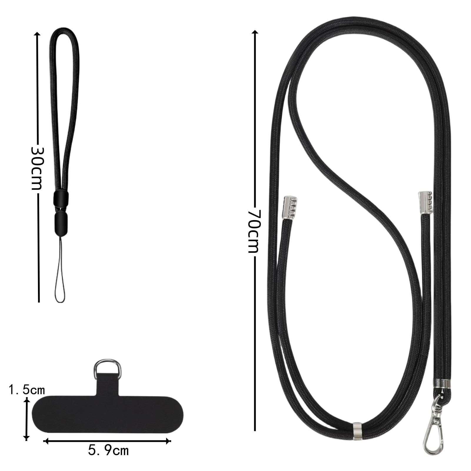 [Vibrly] 【耐荷重30KG・高耐久ナイロン】スマホストラップ 斜めがけ ショルダーストラップ 丈夫 携帯ストラップ ステンレス製パッチ1枚付 長さ調節可能 全機種対応 登山 アウトドア 紛失防止 (ブラック)