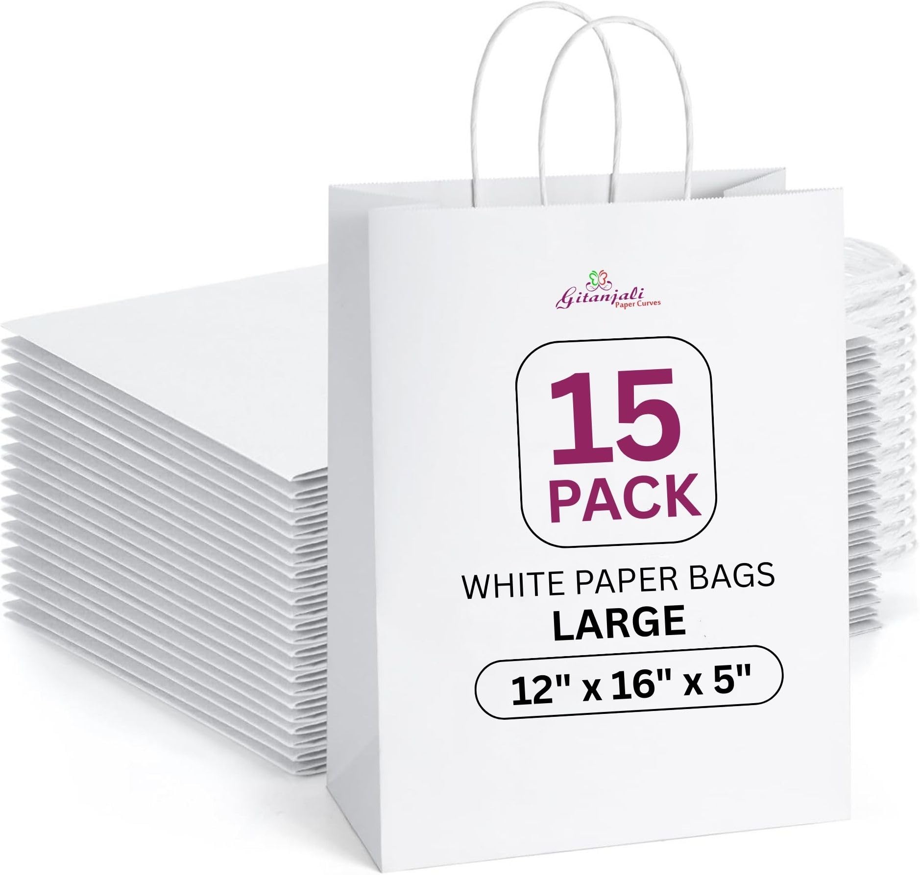 Gitanjali Paper Curves® - White Paper Bags 12x16x5 inch - 15pcs Large Shopping Retail Paper Carry Bags, Craft Paper Return Gift Bags - Disposable, Gifting Covers (Large-White, Pack of 15)