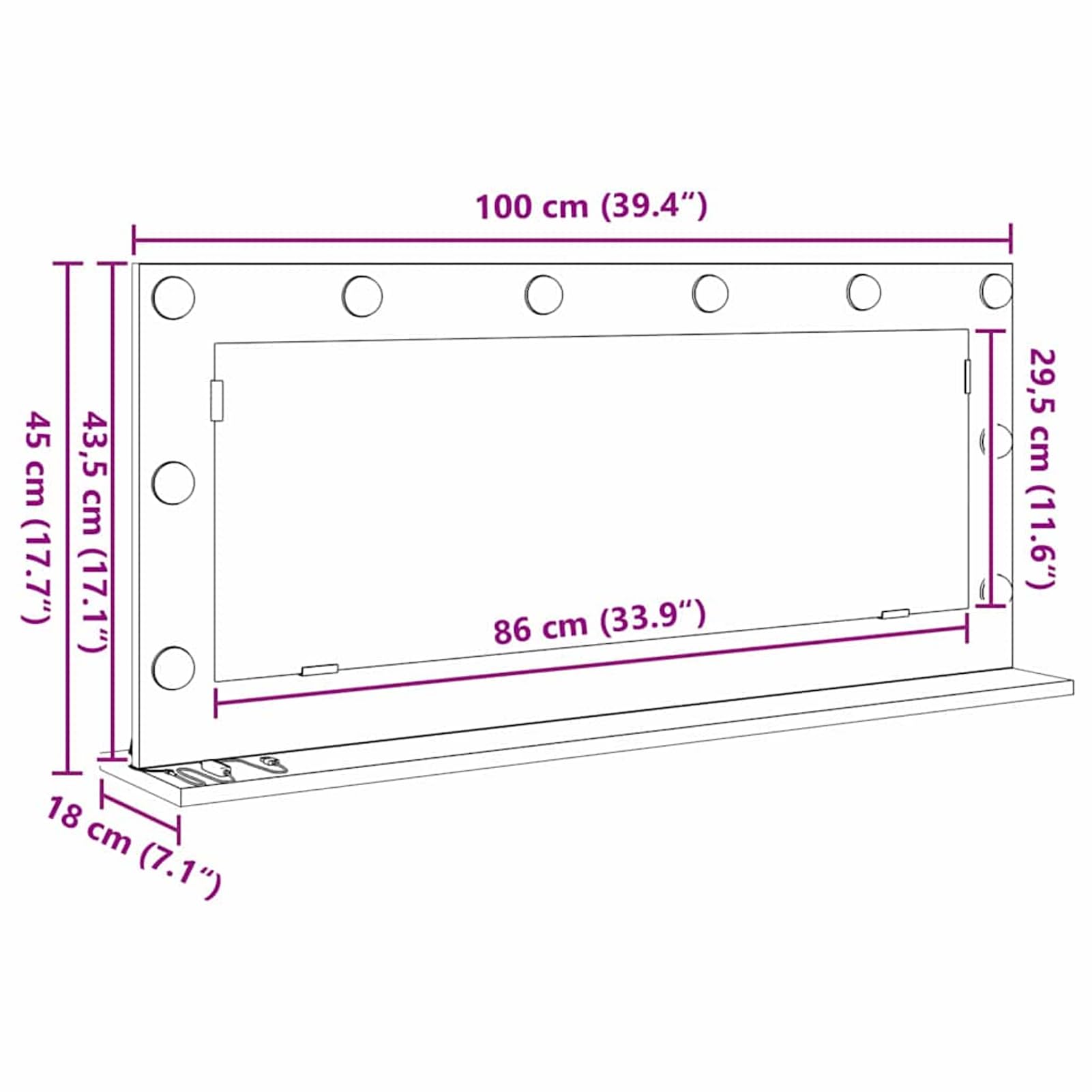 Gecheer Schminkspiegel mit LED-Lichtern Grau Sonoma 100x45x18 cm, Deko Spiegel Bathroom Mirror für Badezimmer Make-up Rasur Wohnung Hotel868330