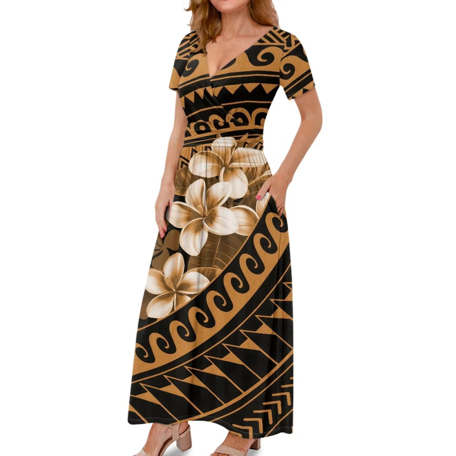 QUJUFOZY V-Neck Short Sleeve Maxi Dresses for Women Ankle Length Floral Print Beach Long Flowy Dress with Pockets