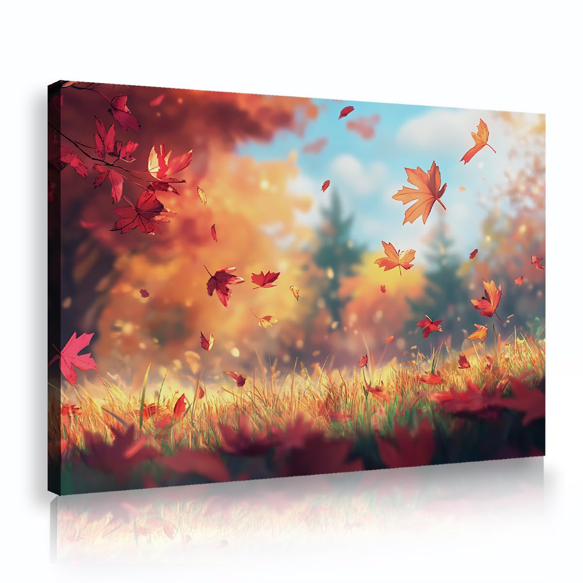 TOANGWALL Autumn Canvas Wall Art Falling Maple Leaves Painting Yellow Meadow Woods Landscape Art Prints Modern Framed Poster Mural Pictures for Living Room Office Decor 75x115cm