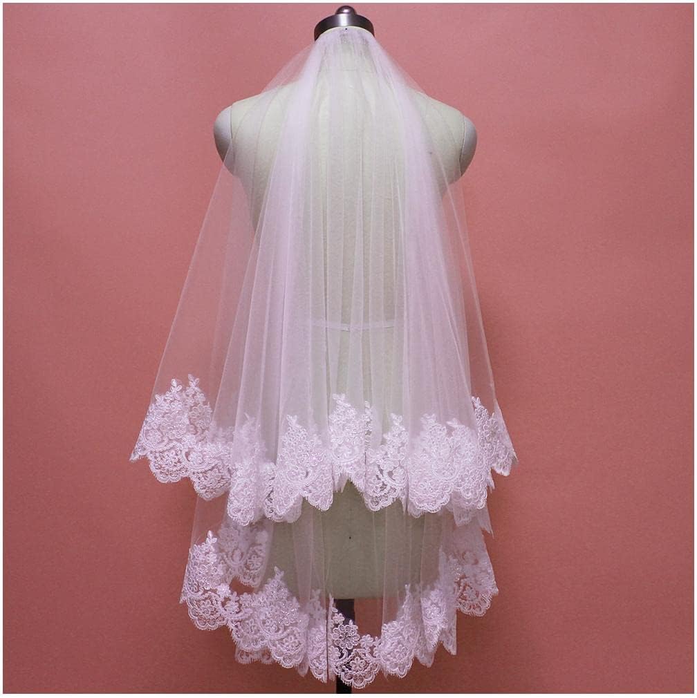 Veli 2 Strati Velo da Sposa Corto in Pizzo Tulle con Pettine Tulle da Sposa Bling Paillettes Velo da Sposa in Pizzo Velo da Spalla Semplice