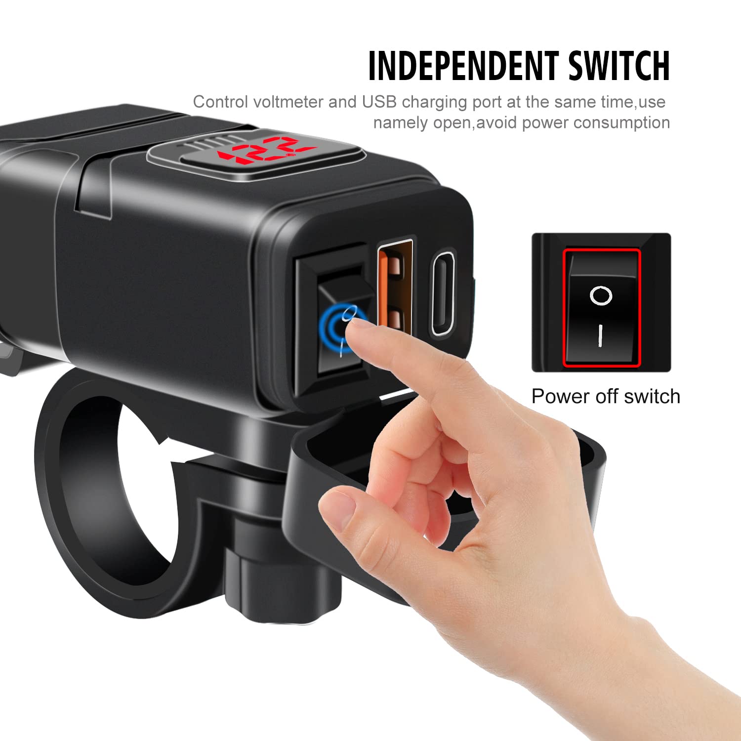 Cargador Tipo C PD y QC3.0 para Motocicleta y Coche 12V/24V - Impermeable Con Interruptor y Voltímetro LED - Para SUV, Marino, Barcos (Rojo: USB + Tipo C)