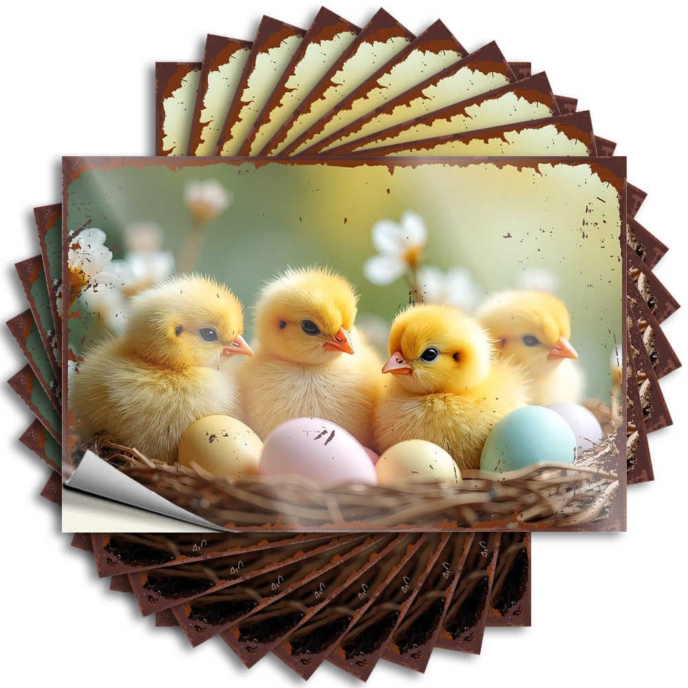 Fzfn Colour Decal Custom Cocoa Waterproof - Chicks In Nest With Colorful Eggs On Spring Background Hat Self Adhesive Decal For Water Use(8X12cm)