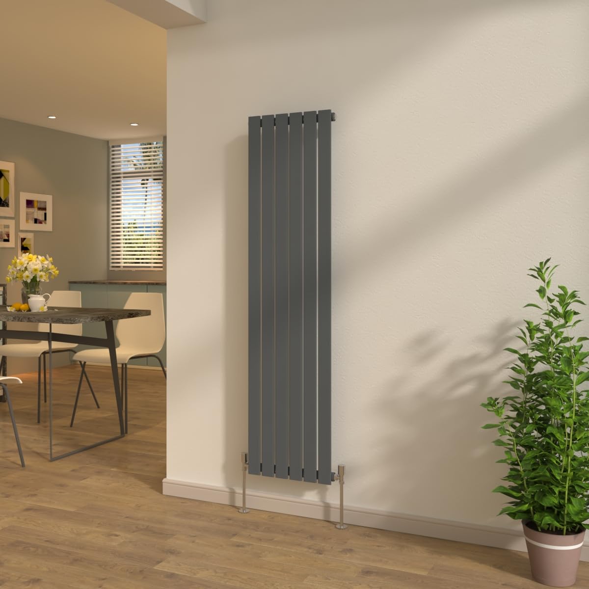 NRG Designer Anthracite 1600x408mm Flat Panel Single Column Radiator Vertical Bathroom Central Heating + Free Angled Valves