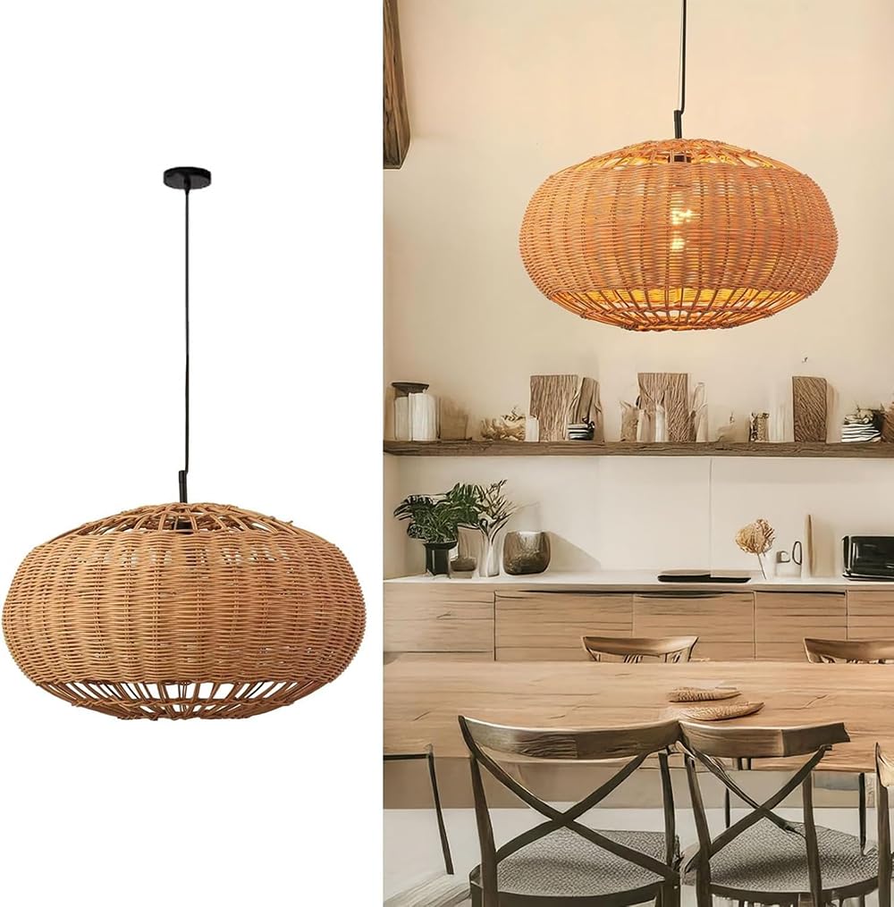 LYMSXAZOU Hand-Woven Rattan Pendant Light for Kitchen Island - Adjustable Boho Chandelier Bedroom, Bar, and Hallway(15.7in)