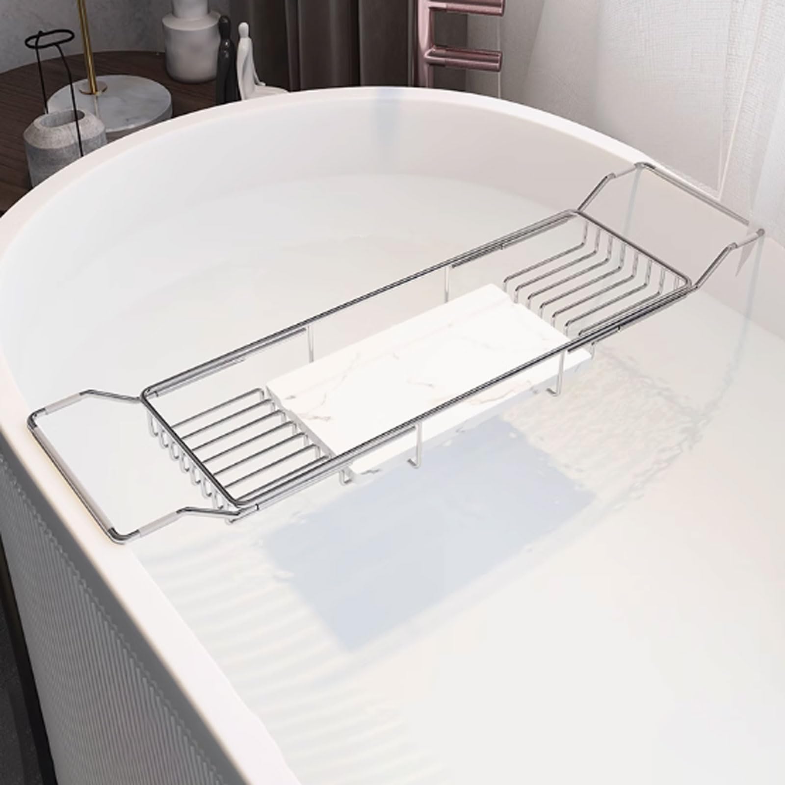 JKJZSALJ Adjustable Bathtub Caddy Tray - Expandable Shelf For Tablet Phone Wine Glass & Candles - Waterproof Stainless Steel Spa For Relaxation & Luxury-Gold C-69-90Cm,Silver a-69
