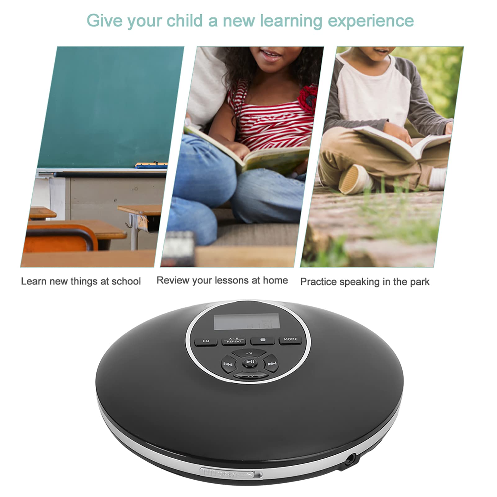 Lettore CD Portatile per Studenti con Funzione Ripetitore, Lettore Musicale Stereo Compatto con Display LCD, qualità HD, Skip, Supporta Ricarica USB e Batterie AA, Ideale per