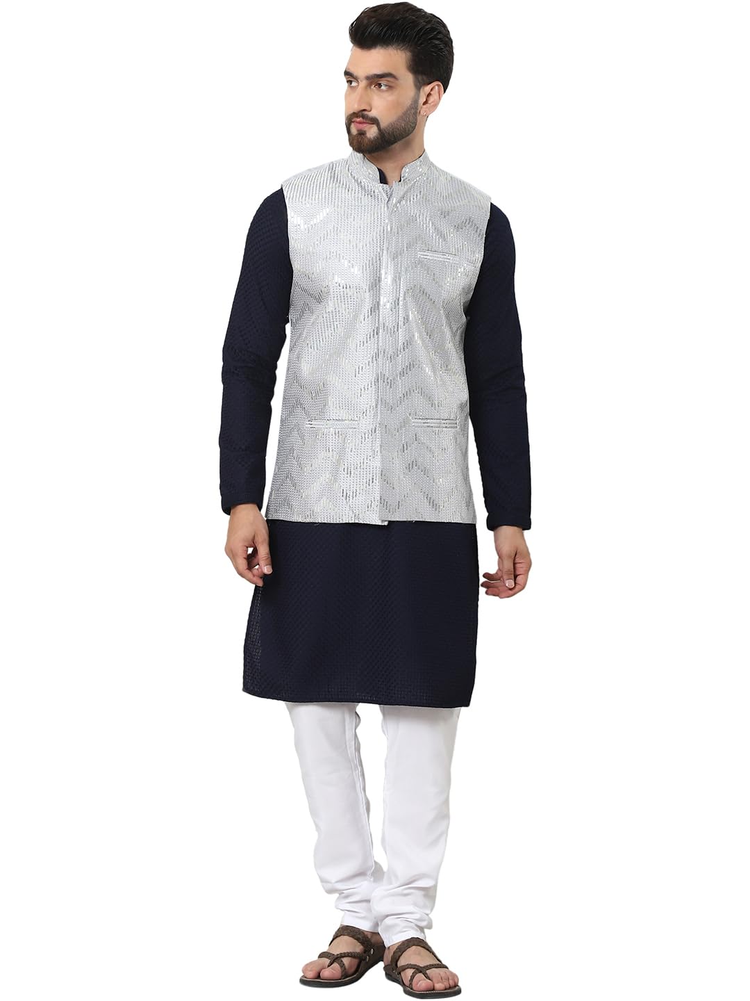 Sojanya (Since 1958 Men's Pure Cotton Navy Kurta And White Pyjama With Sequins Grey Nehru Jacket
