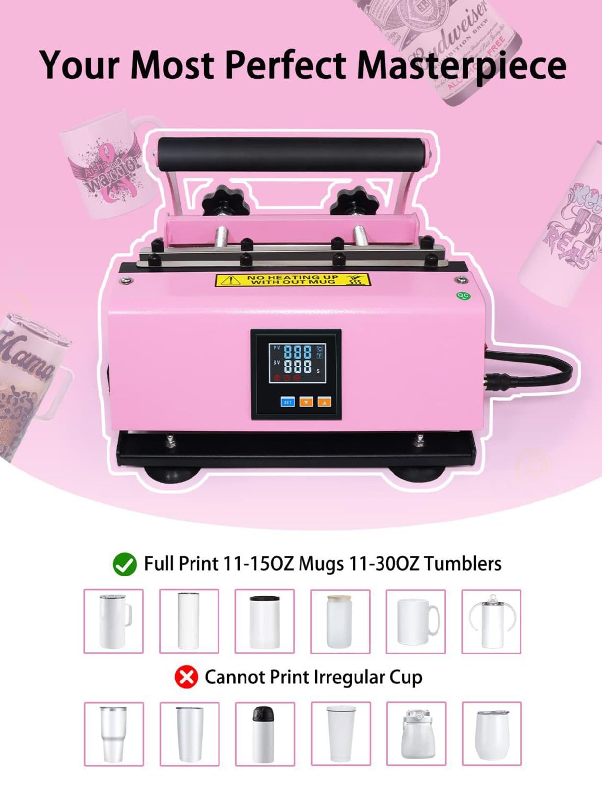 Máquina de Prensa de Calor para Tazas de Café y Vasos 270 * 230 mm 11-30 oz Máquina de Transferencia de Calor Máquina para Hornear Tazas Rectas Manuales Temperatura Ajustable 0-220℃ A,30cm/30OZ