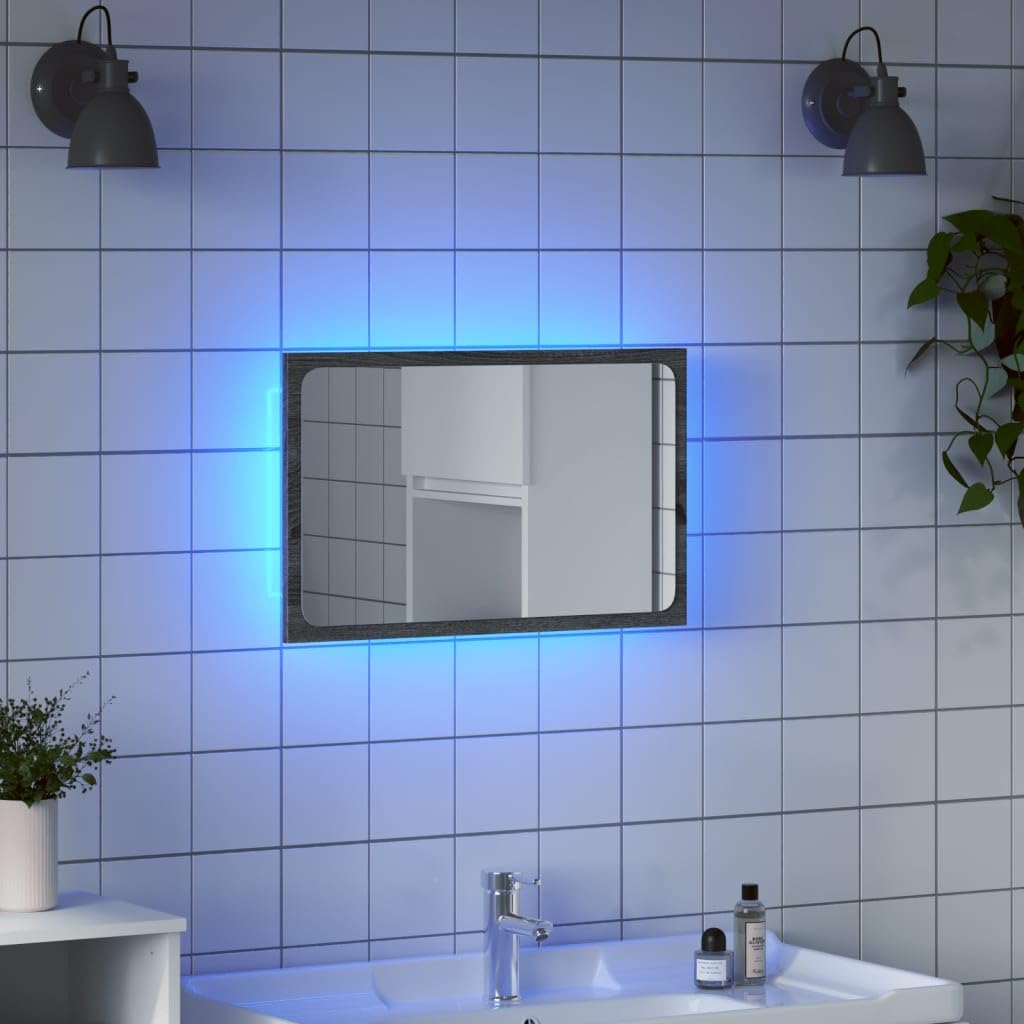Lustro łazienkowe Sonoma szare z materiału drewnopochodnego, 60 x 8,5 x 38 cm, z oświetleniem LED, przyłączem USB, wiszące do łazienki, mebli łazienkowych, umywalki, miejsca do przechowywania