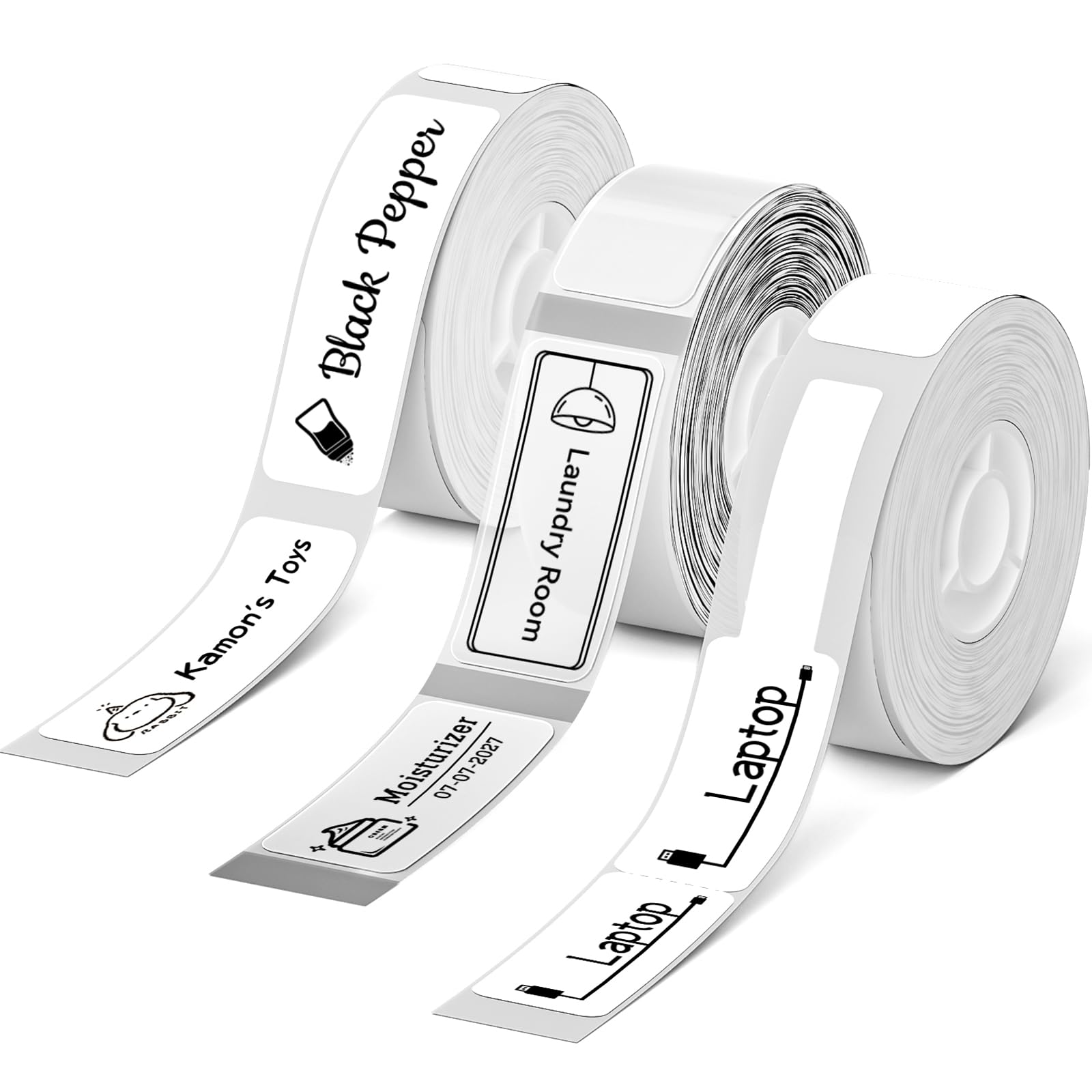 NIIMBOT 3 rotoli di etichette per stampante D110 D11 D101, bianco, 12 x 40 mm, trasparente 14 x 30 mm, cavo bianco 12,5 x 74 mm