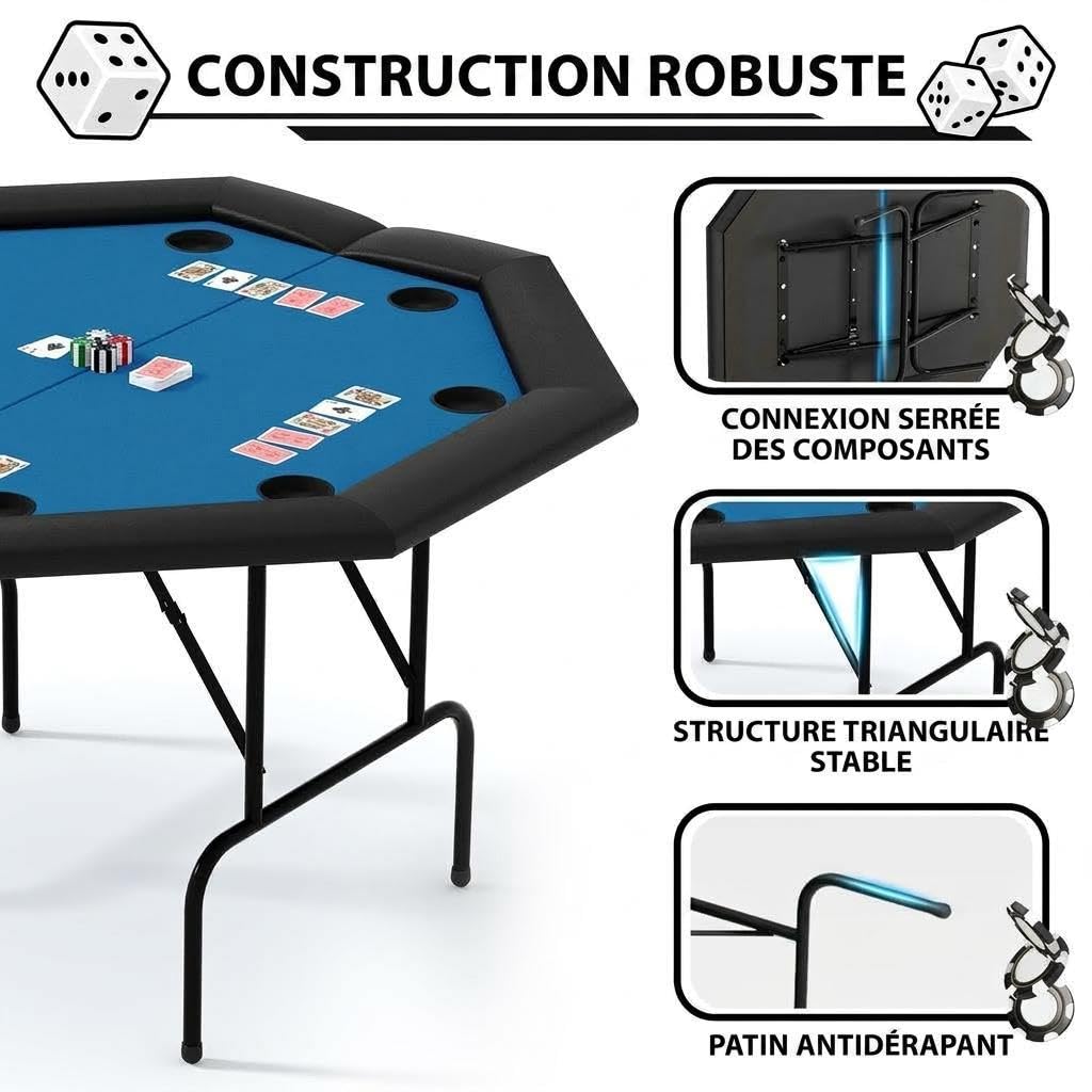 Table De Poker Pliable Octogonale Pour 8 Joueurs, Table De Poker De Casino Avec Pieds En Fer, Porte-Gobelets En Acier Inoxydable, Surface Résistante à l'Eau Pour Jeu De Cartes, Soirées En Famille Et c