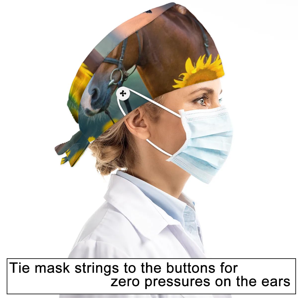 Mularoka Watercolor Horse Sunflower Butterfly Working Caps with Button Sweatband Comfortable Adjustable Bouffant Hats Work Hat for Women Men