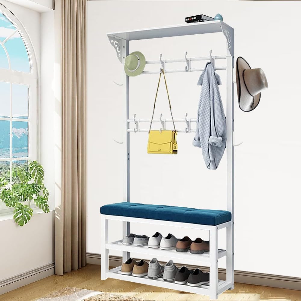 MYUYEE Coat Rack With Bench, Multifunctional Coat Rack With 12 Hooks, Metal Frame Clothes Rack For Hallway, Bedroom, Living Room 80/100X30X172Cm(100Cm B-B)