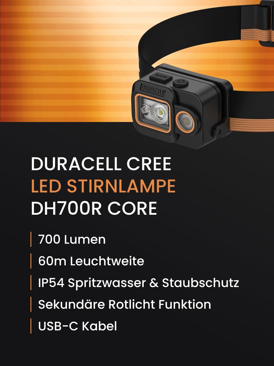 Duracell Lampe frontale LED DH700R Core – 700 lumens, focalisable, portée de 50 m, fonction lumière rouge, rechargeable USB-C, batterie au lithium, différents modes d'éclairage, ergonomique