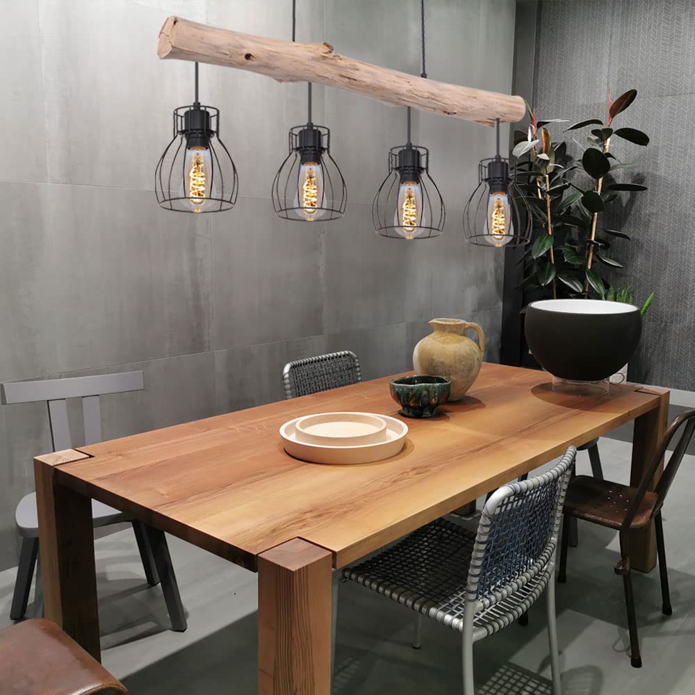 GLOBO Design Decken Hänge Leuchte Holz Balken Pendel Spot Ess Zimmer Retro Gitter Lampe 15326-4N