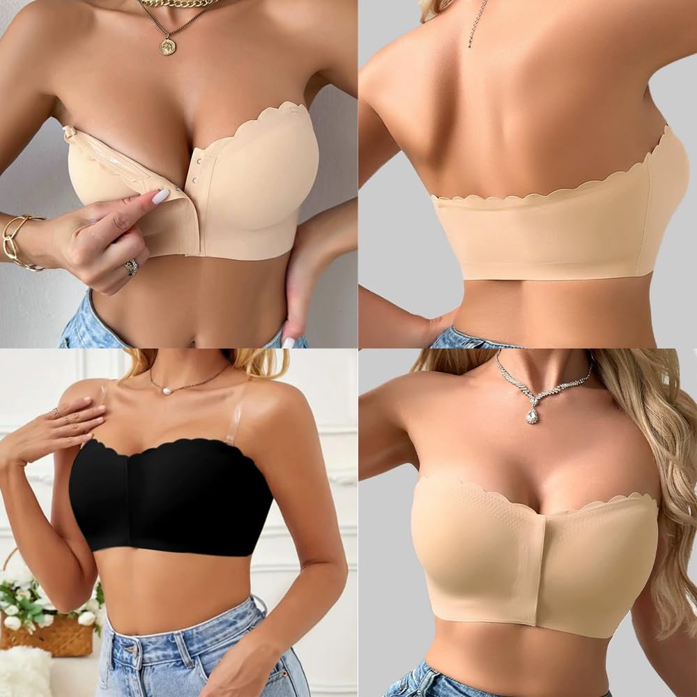 Surpassdo Seamless Front Closure Strapless Bandeau Bra, Non-Slip Ultimate Wavy Edge Comfort Support Bralette