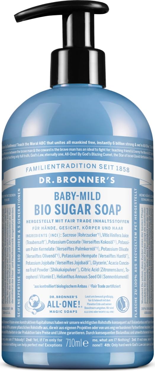 Dr. Bronner's Bio Suger Soap | Baby Mild | Für Hände, Gesicht, Körper und Haar | Ohne Duftstoffe | Für sensible Haut | Mit Shikakai-Pulver und Bio-Rohrzucker | 710 ml