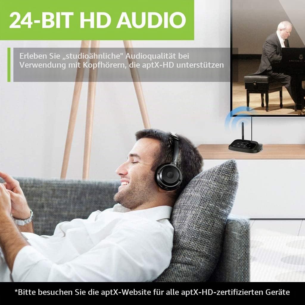 Avantree Oasis Plus aptX HD Low Latency Bluetooth 5.0 Transmitter Sender Empfänger für TV, Drahtloser Audioadapter für Kopfhörer, Bypass-Unterstützung, Große Reichweite, Touchscreen, Sprachanleitung