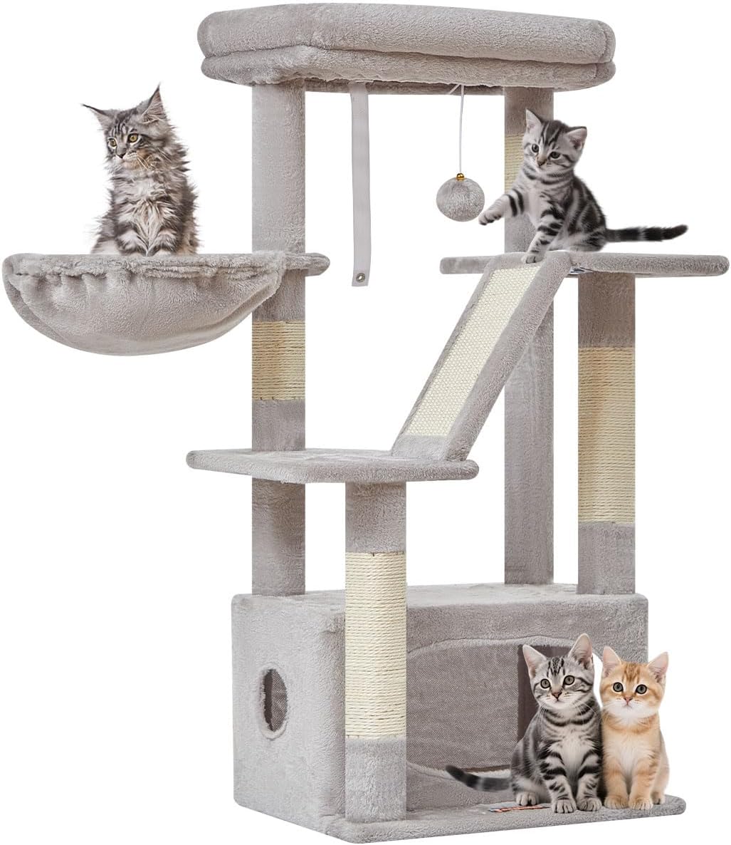 Taoqimiao Cat Tree,38.2-Inch Cat Tower for Indoor Cats,Suitable for Kittens with Luxurious cat condo with Adjustable Baskets and Luxurious Perch Light Gray MS029SW