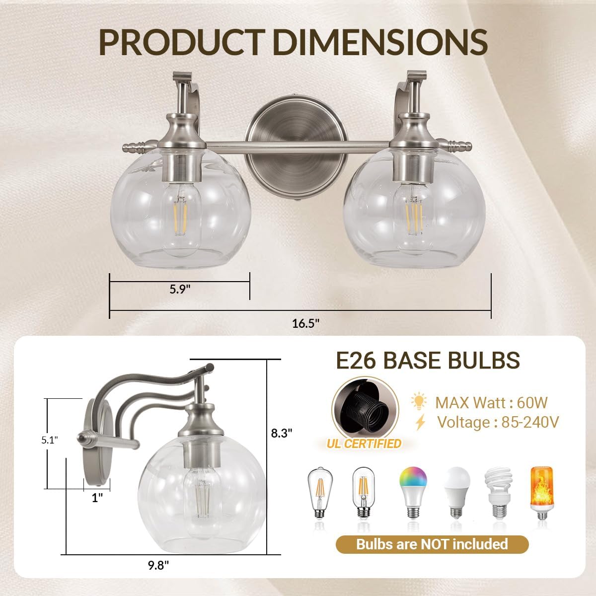 ANDY STAR Brushed Nickel Bathroom Light Fixture, 2 Light Bathroom Vanity Light, Farmhouse Silver Wall Sconce, Anti-Rust Wall Lamp with Sturdy Metal Lamp Body for Bedroom, Living Room, Restroom