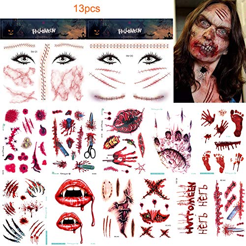 Halloween tatuajes temporales,tatuaje de cicatriz de Halloween, pegatina de herida falsa, tatuaje de maquillaje de cicatriz de zombi sangriento para fiesta de Halloween Cover