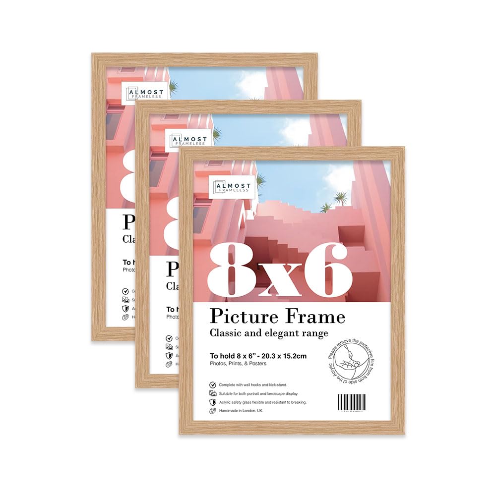 Almost Frameless 8x6 Oak Picture Frame Set of 3, Display 8x6 Picture Gallery Wall, Poster, Photo, Artwork, or Print, Yellow