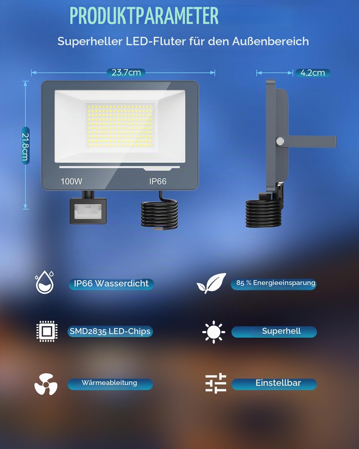 LED Strahler mit Bewegungsmelder Außen 100W 10000LM 1 Stücke - IP66 Wasserdicht LED Scheinwerfer 230V mit Bewegungsmelder Außen, 6500K Fluter Flutlichtstrahler Aussenstrahler für Garten