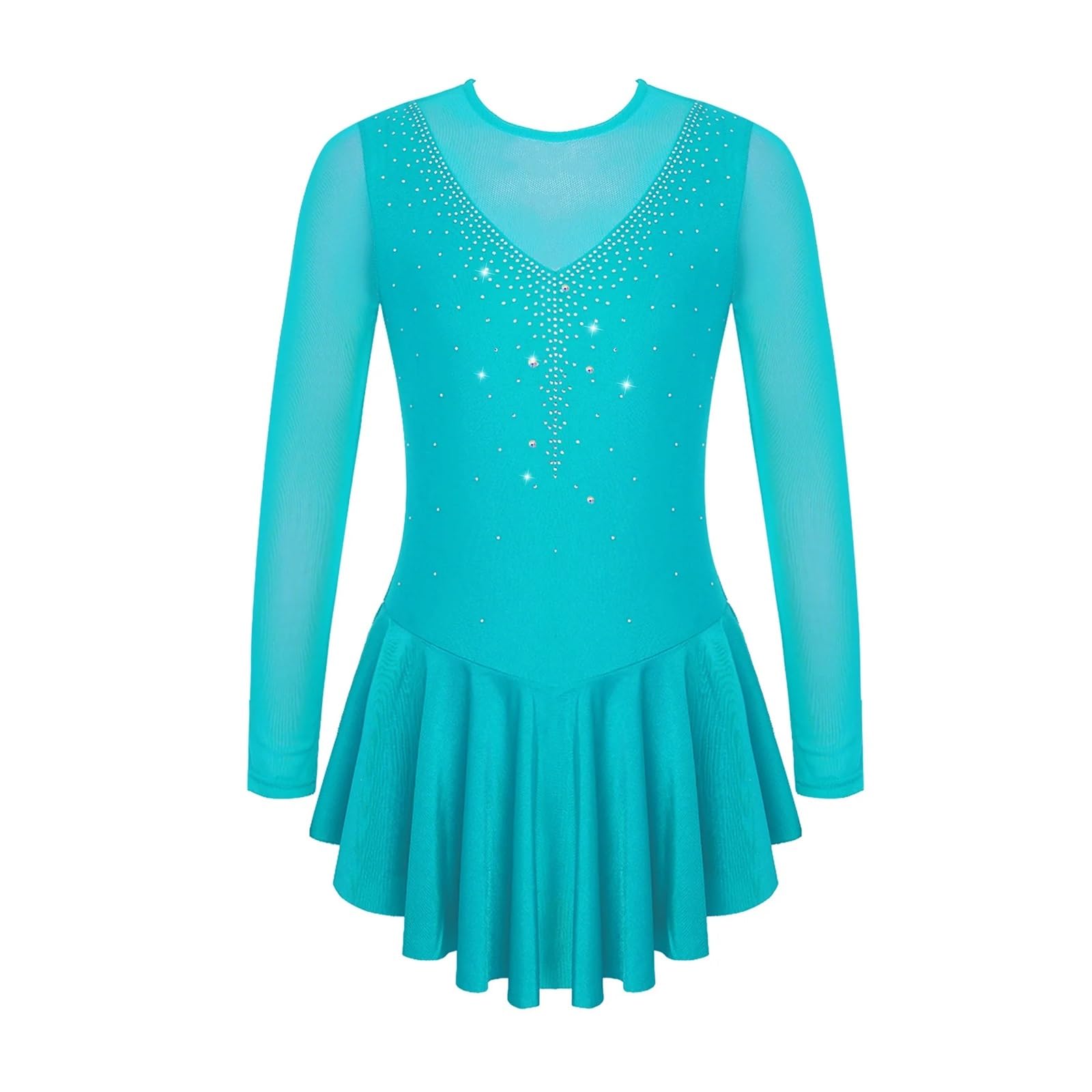 Eiskunstlauf Kleid Mädchen Mädchen-Eiskunstlaufkleid mit Strasssteinen, durchsichtiges Ballett-Trikotkleid, Mesh-Spleiß-Stil, Eislauf-Performance-Tanzbekleidung(Blue,12)