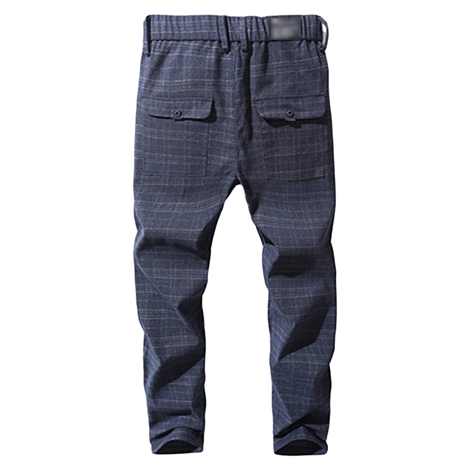 Men's Linen Stretch Comfort Pant Straight Fit Plaid Tapered Suit Pant Lightweight Slim Business Striped Trousers (Dark Blue,38)