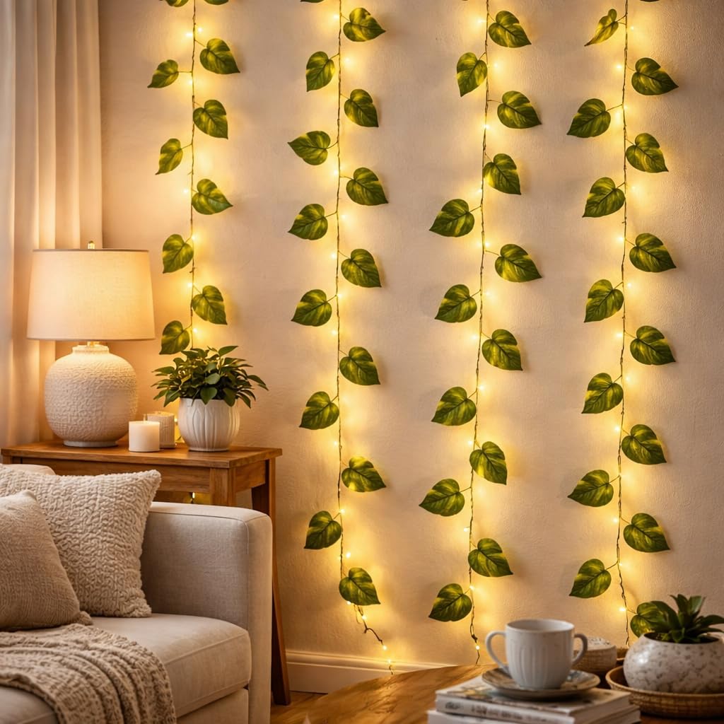 Akaar Decor's Artificial Money Plant/Hydrangea String with Light for Home Decor | Office| Hanging Vine Creeper with Light | Door Wall Balcony Decor | Party Festival (Money Plant)-picture-10