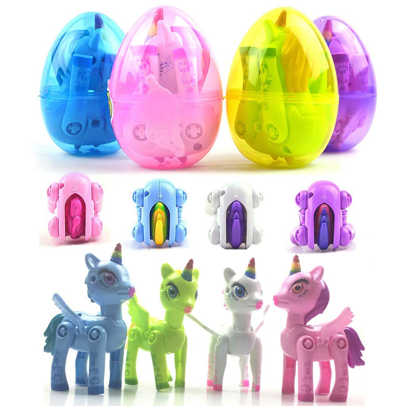 CCSLFF 4 Pack Jumbo Unicorn Deformation Easter Eggs with Toys Inside for Kids Boys Girls Easter Gifts Easter Basket Stuffers Fillers.
