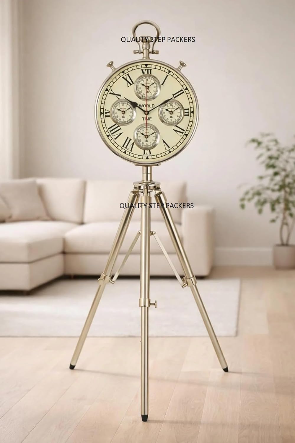 Wooden Art Vintage Metal Tripod Floor Standing World Time Clock – Time Zone Industrial Nautical Decor – Antique Pocket Watch Style Luxury Home & Office Decorative Clock-image-20