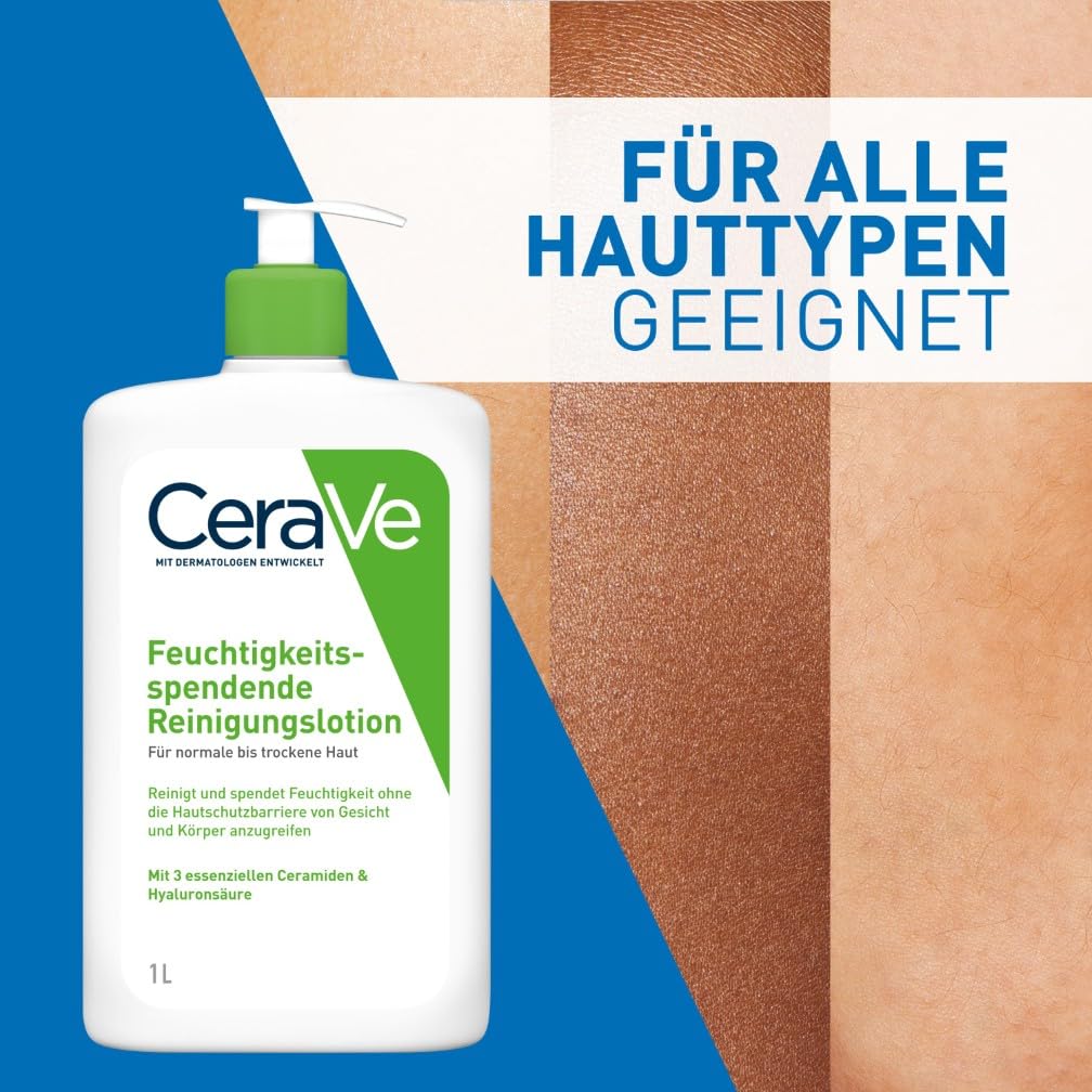 CeraVe Feuchtigkeitsspendende Reinigungslotion für Gesicht und Körper, Normale bis trockene Haut, Mit Hyaluron und 3 essenziellen Ceramiden