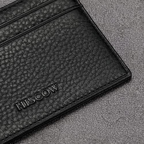 Image of HISCOW Slim Full Grain Leather Card Holder with ID Window, Pebbled Black | Men's minimalist EDC wallet, front pocket carry, 2 credit card slots & center pocket, fits folded bills, premium gift box