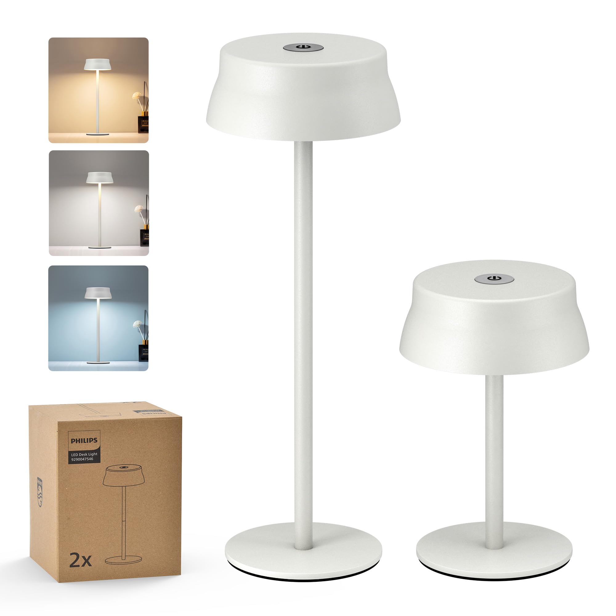 Philips Cordless Table Lamp, Portable Outdoor LED Desk Light, Rechargeable Battery Operated, 2 Adjustable Height, Touch Control & 3 Color Stepless Dimming, Waterproof Lamps for Bedroom, White
